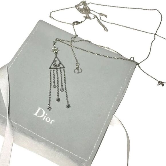 CHRISTIAN DIOR Silver Pendant Lariat Necklace MOON & STARS - Picture 2 of 13